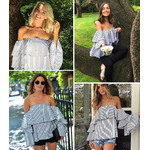 Femmes-Sexy-volants-Blouses-Slash-Cou-paule-Papillon-Manches-Longues-Casual-Tops-Chemises-Bleu-Blanc-Ray