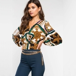 Foulard-imprim-soie-Satin-Blouse-l-gant-v-tement-enveloppant-manches-longues-Top-col-en-V