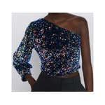 2020-Women-Sequins-Decoration-Asymmetry-Single-shoulder-Shirts-Female-Nine-Quarter-Sleeve-Roupas-Leisure-Blouse-Chic