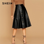 SHEIN-siyah-kat-tek-Breasted-deri-zarif-Midi-etek-kad-nlar-2019-sonbahar-y-ksek-bel