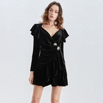 Deuxtwinstyle-l-gant-diamants-femmes-robe-col-en-V-manches-longues-volants-taille-haute-Mini-robes