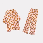 2020-NEW-Summer-Women-2-pieces-Set-orange-print-short-Sleeve-shirt-blouse-long-pant-Suit
