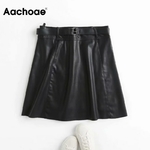 Aachoae-Chic-femmes-noir-PU-jupe-en-faux-cuir-avec-ceinture-taille-haute-dames-Mini-jupe