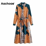 Aachoae-Streetwear-robe-l-opard-ourlet-fendu-Chic-robe-Midi-manches-longues-ceintures-dame-chemise-robe