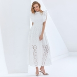 TWOTWINSTYLE-White-Hollow-Out-Women-Dress-Stand-Collar-Short-Sleeve-High-Waist-Elegant-Dresses-Female-2020