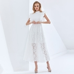 TWOTWINSTYLE-White-Hollow-Out-Women-Dress-Stand-Collar-Short-Sleeve-High-Waist-Elegant-Dresses-Female-2020