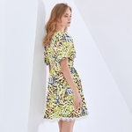 TWOTWINSTYLE-Hit-Color-Print-Dress-For-Women-V-Neck-Puff-Sleeve-High-Waist-Spring-Dresses-Female