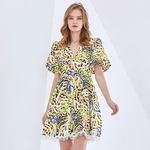TWOTWINSTYLE-Hit-Color-Print-Dress-For-Women-V-Neck-Puff-Sleeve-High-Waist-Spring-Dresses-Female