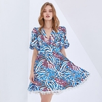 TWOTWINSTYLE-Bohemian-Print-Dress-For-Women-V-Neck-Puff-Sleeve-High-Waist-Hit-Color-Mini-Dresses