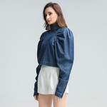 TWOTWINSTYLE-chemise-fronc-e-en-Denim-pour-femmes-manches-bouffantes-couleur-unie-chemisier-f-minin-mode
