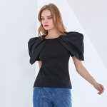 TWOTWINSTYLE-t-shirt-manches-courtes-bouffantes-et-col-rond-pour-femme-haut-Slim-et-Chic-fronc