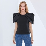 TWOTWINSTYLE-t-shirt-manches-courtes-bouffantes-et-col-rond-pour-femme-haut-Slim-et-Chic-fronc