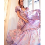 Robe-longue-en-soie-imprim-Floral-lavande-pour-femmes-manches-bouffantes-r-tro-taille-avec-n