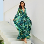 Vintage-manches-longues-robe-vert-Tropical-plage-Vintage-Maxi-robes-Boho-d-contract-col-en-V