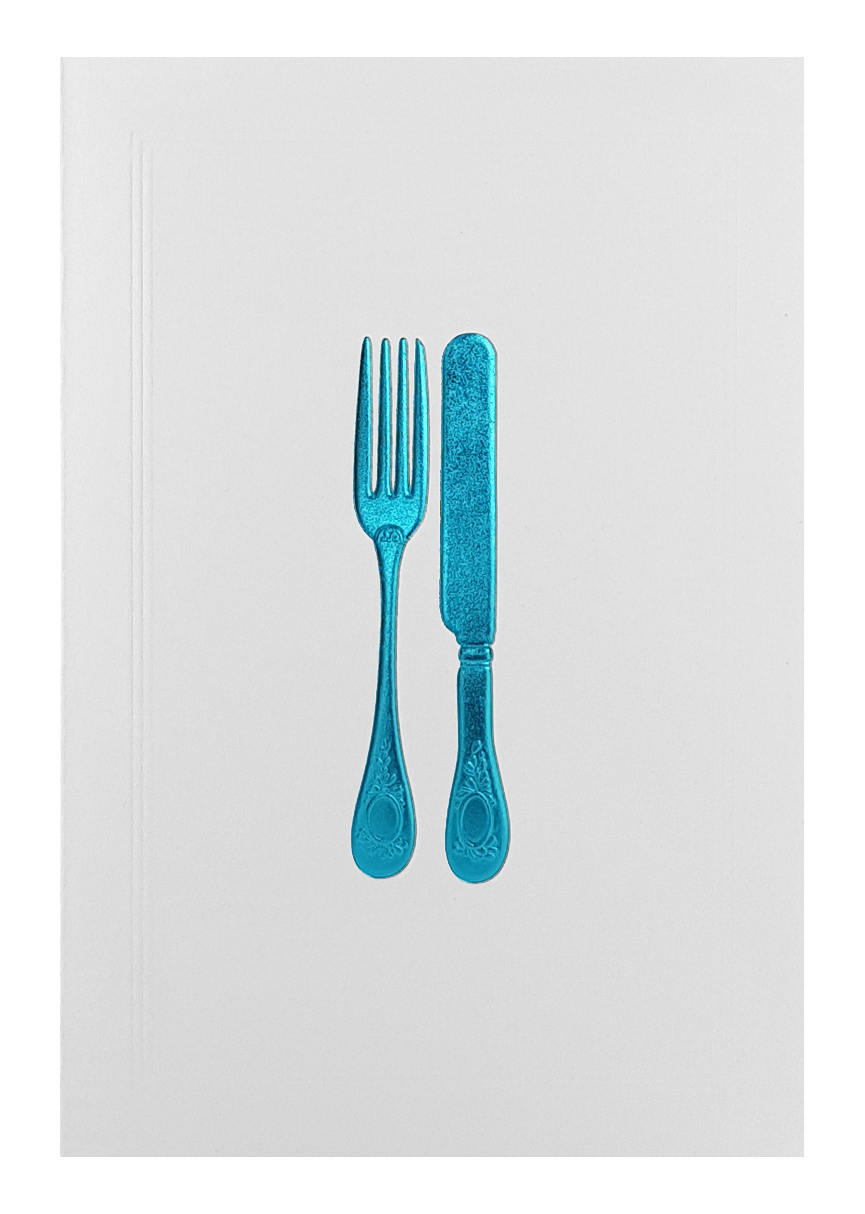 Carte de menu blanche - couverts bleu turquoise. Réf. 380