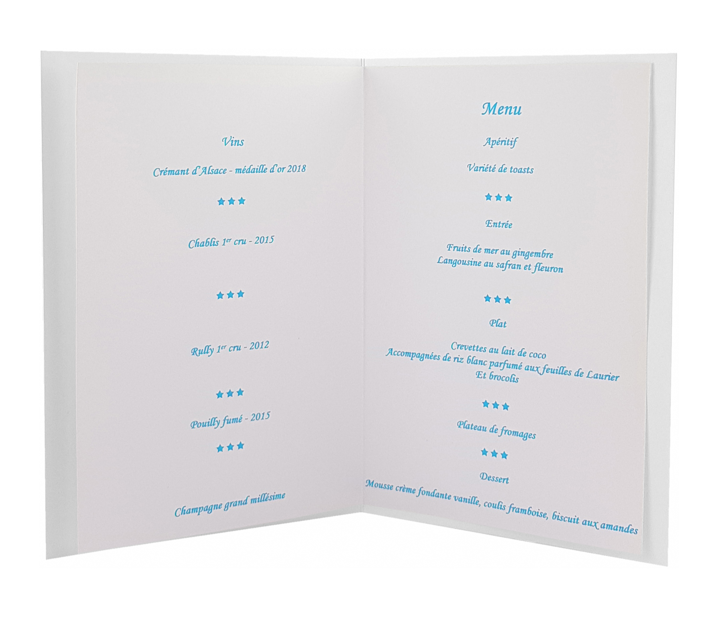 Carte menu couverts bleus ouverte VF1 blanchi