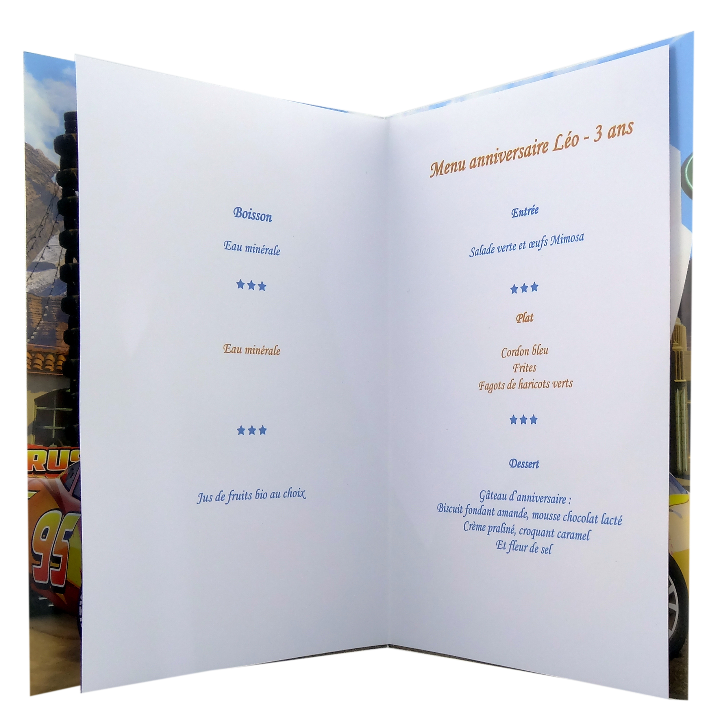 Carte personnalisable en menu - thème anniversaire Cars Disney