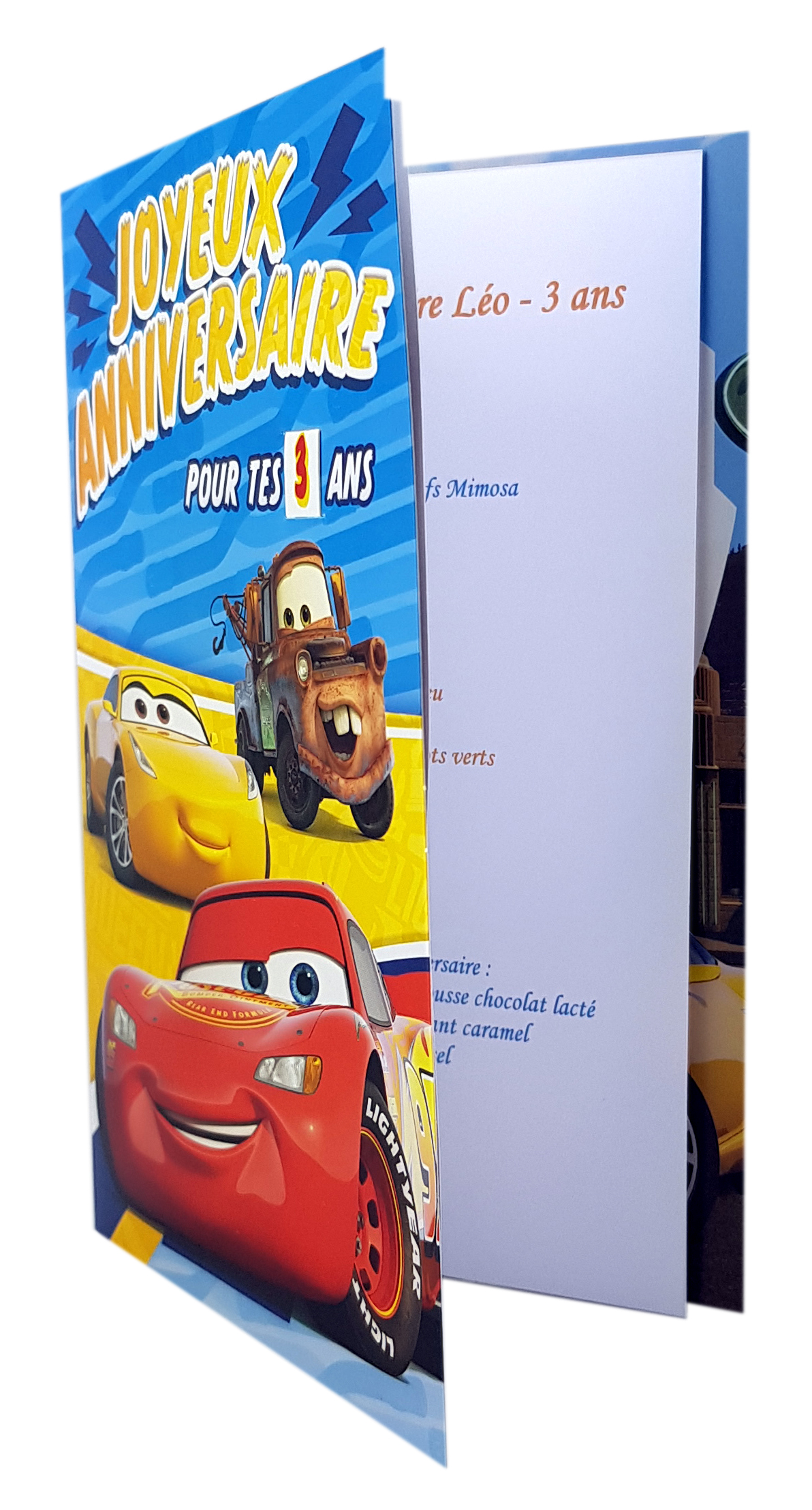 Carte personnalisable en menu - thème anniversaire Cars Disney Flash McQueen Cruz Martin