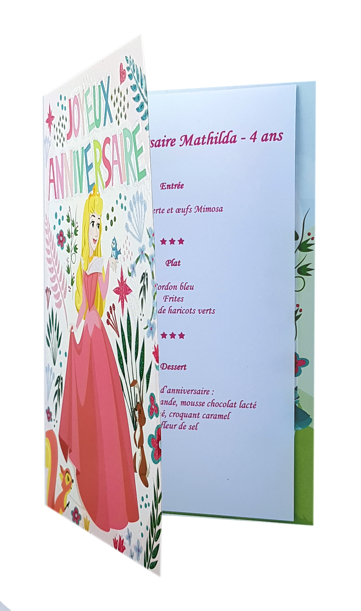 Carte de menu anniversaire princesses disney Réf 106 A