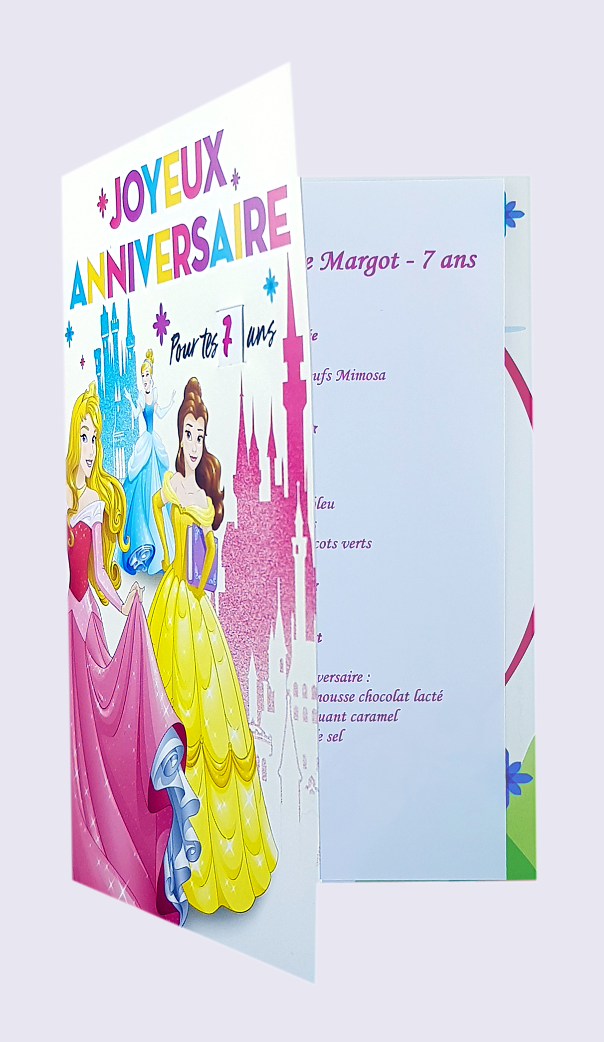 carte de menu anniversaire princesses disney Réf 114