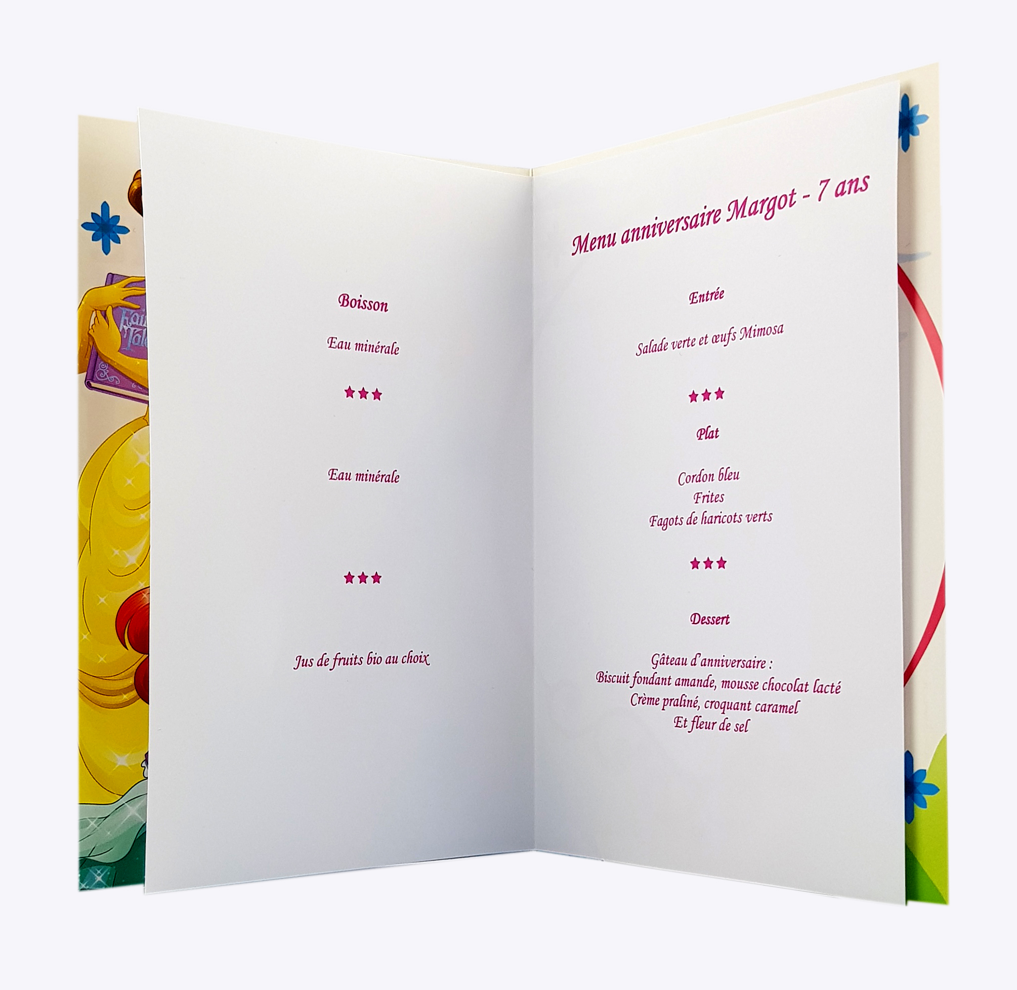 carte de menu - Thème anniversaire Princesses Disney Aurore Belle Cendrillon