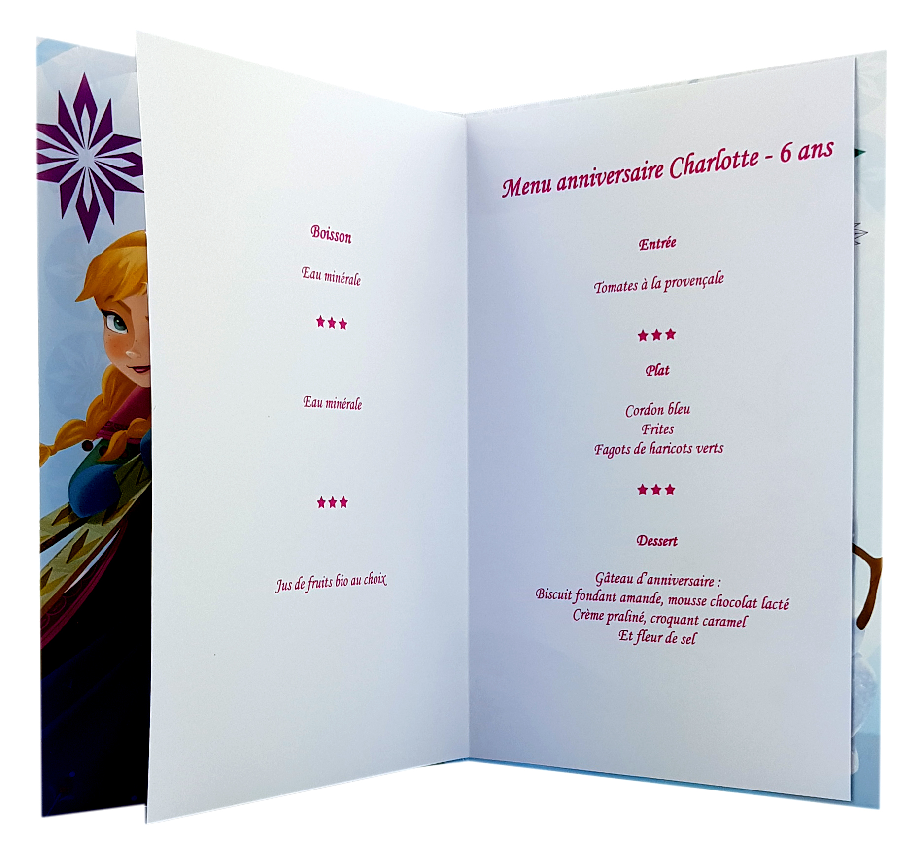 carte de menu - Thème anniversaire Reine des Neiges Disney Anna Sven