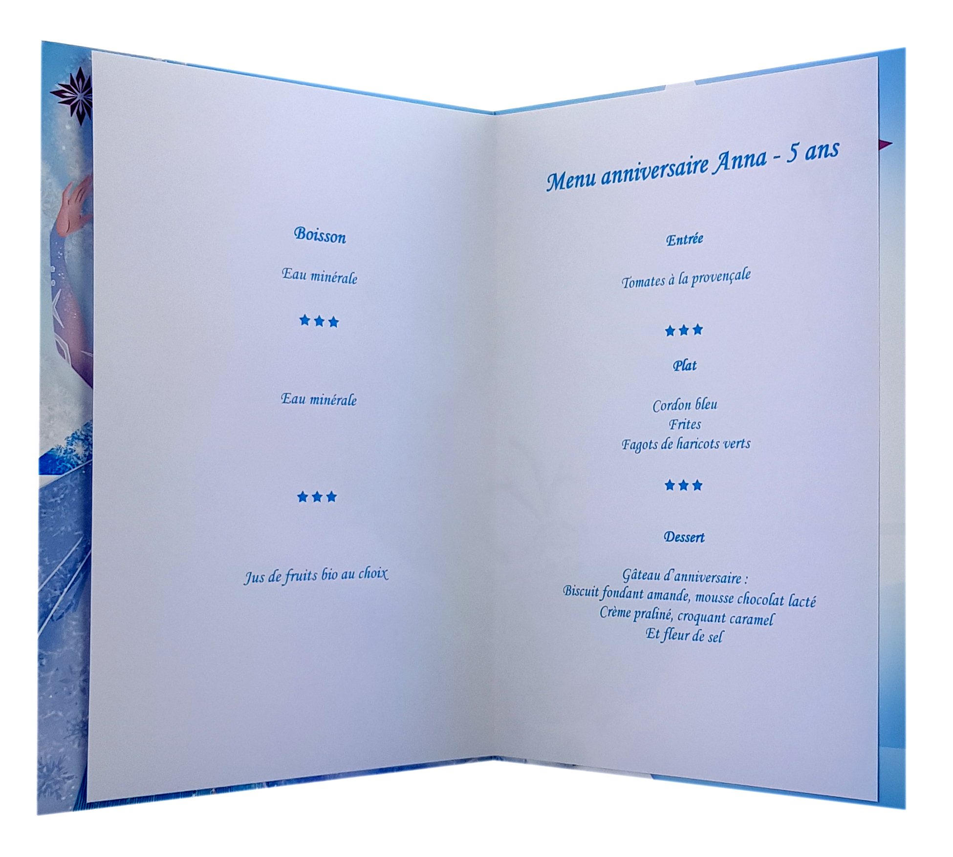 carte de menu - Thème anniversaire Reine des Neiges Disney Elsa Olaf Christophe