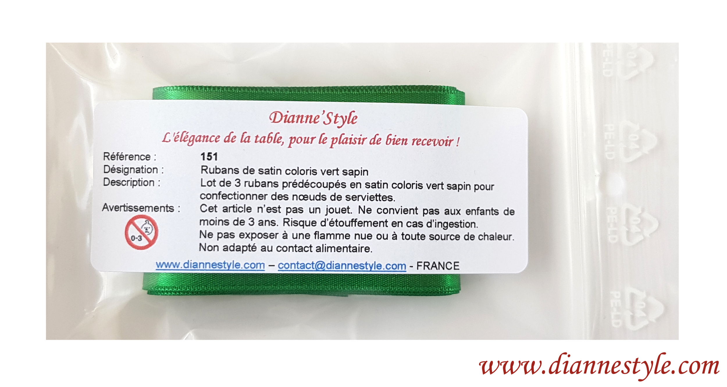 Rubans en satin pour confectionner les nœuds de serviettes. Coloris vert sapin. Réf. 151