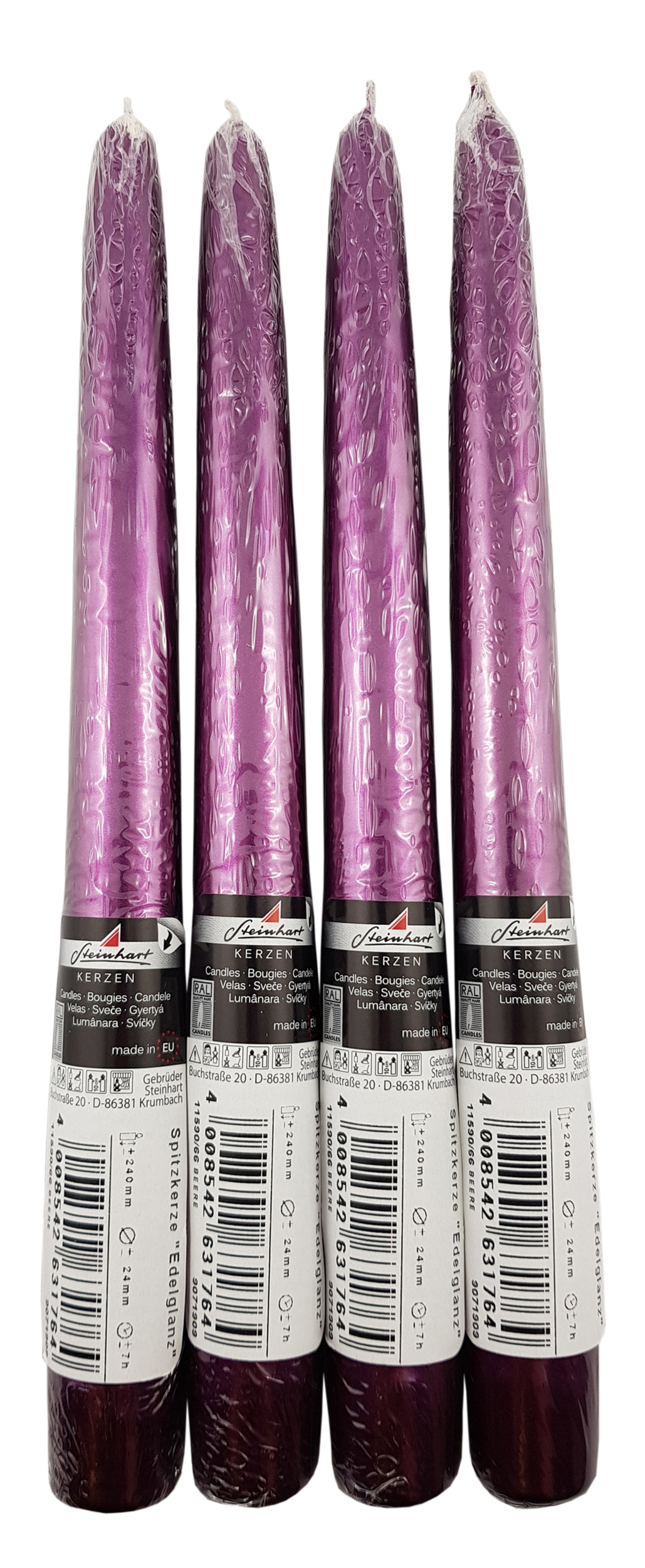 Lot de 4 bougies flambeaux coloris violet foncé métallisé. Réf. 185