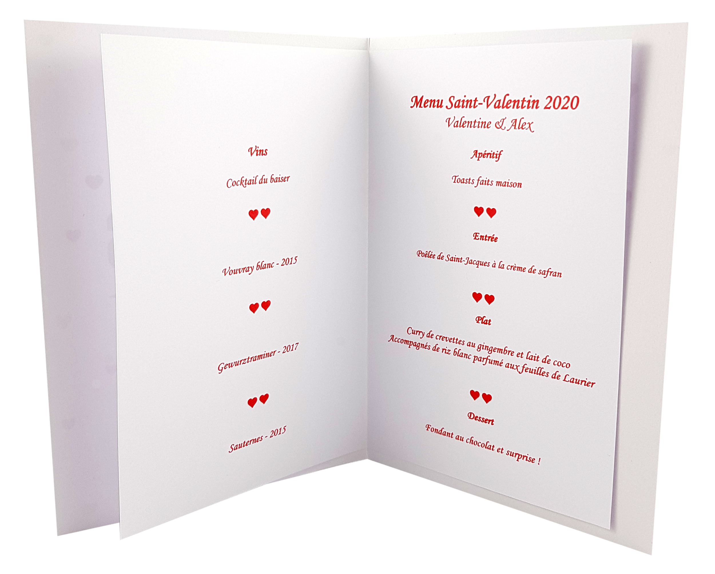 carte de menu Saint-Valentin 205 B