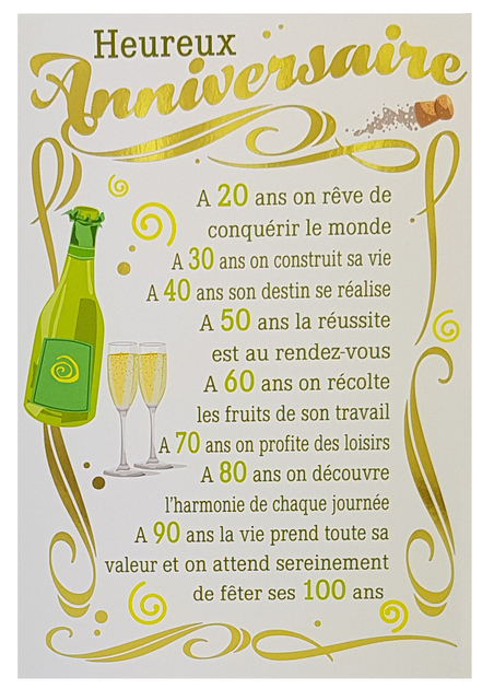Carte de menu anniversaire homme-Champagne. Réf. 68