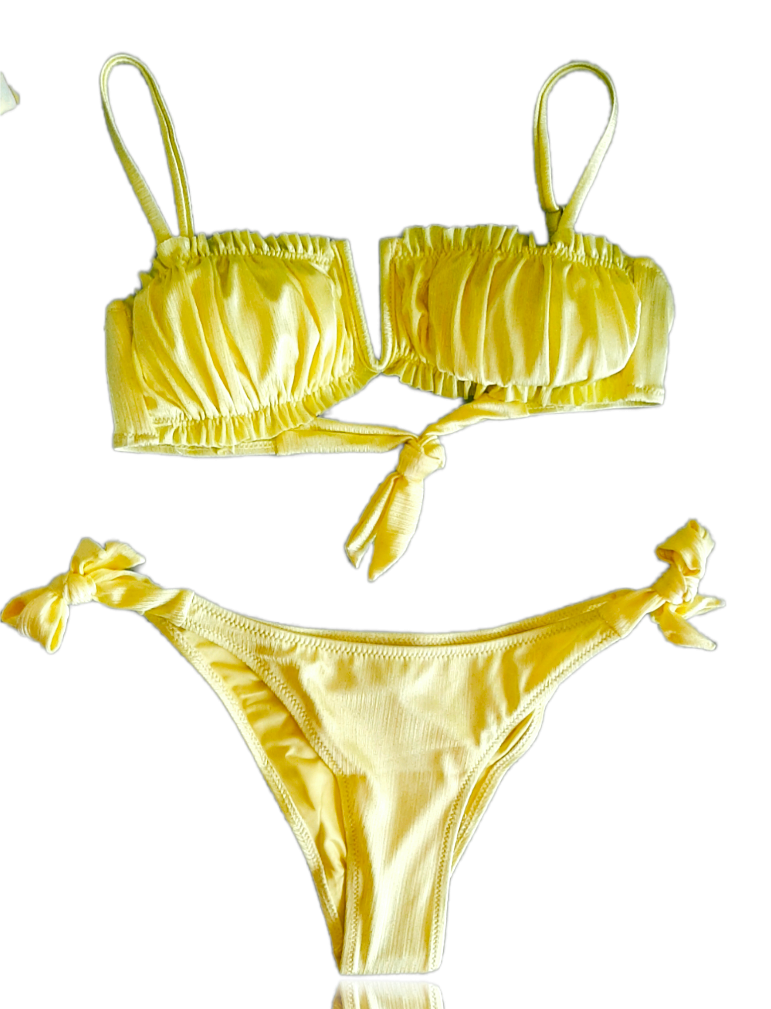 Bikini bandeau V plissé satiné jaune