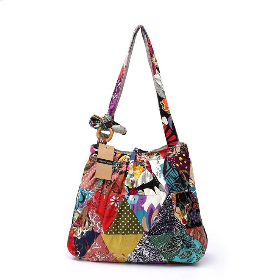 Sac à main en coton pour femme Sac à bandoulière Patchwork de grande capacité