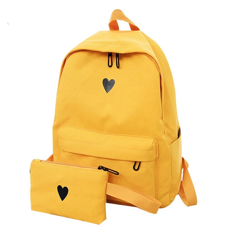 Sac à dos jaune en toile avec cœur imprimé pour femme sac de voyage de Style pour écolières
