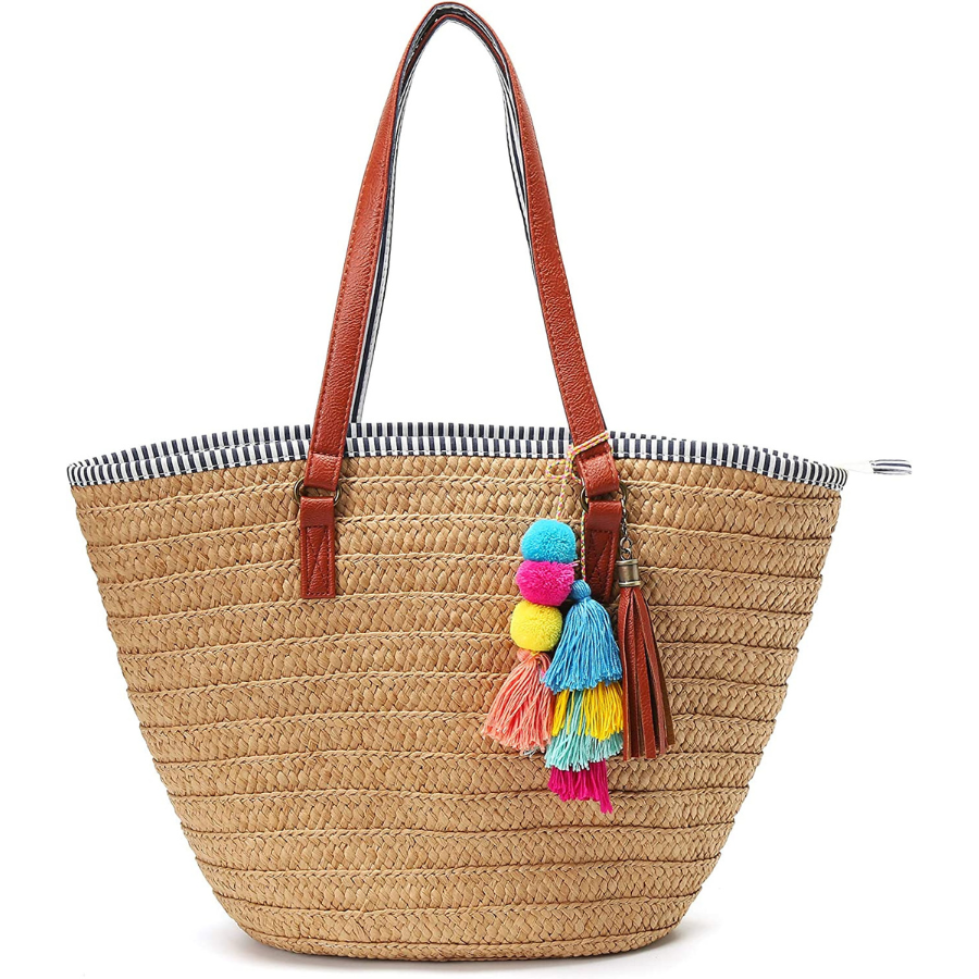 Grand sac fourre-tout en paille d'été pour femme - Sac à bandoulière décontracté de plage