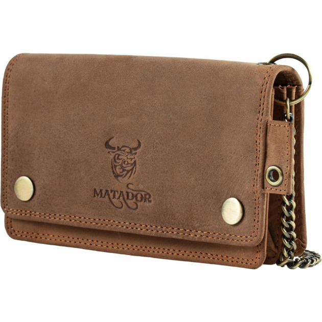 MATADOR Leather Biker Wallet With TÜV Certified Chain RFID Protection, Dark Brown, Retro
