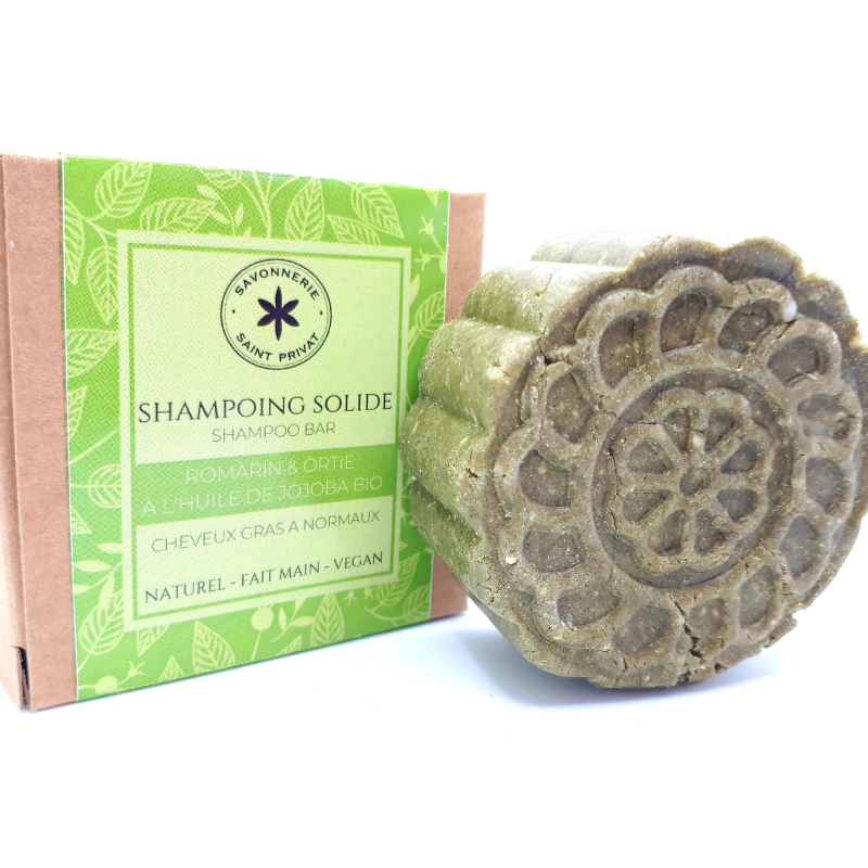 shampoing solide romarin et ortie à l'huile de jojoba pour cheveux gras avec son emballage en kraft