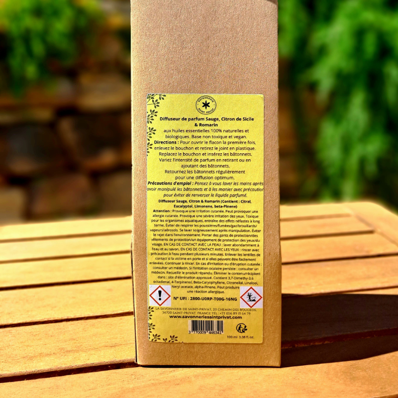 Diffuseur à bâtonnets Sauge, Citron de Sicile et Romarin bio – Savonnerie de Saint-Privat - directions et précautions demploi