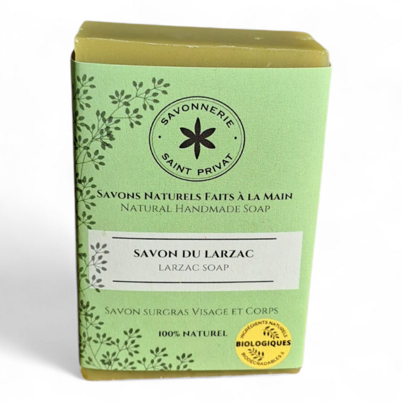 Face avant du Savon du Larzac, savon naturel saponifié à froid, parfum thym lavande romarin.