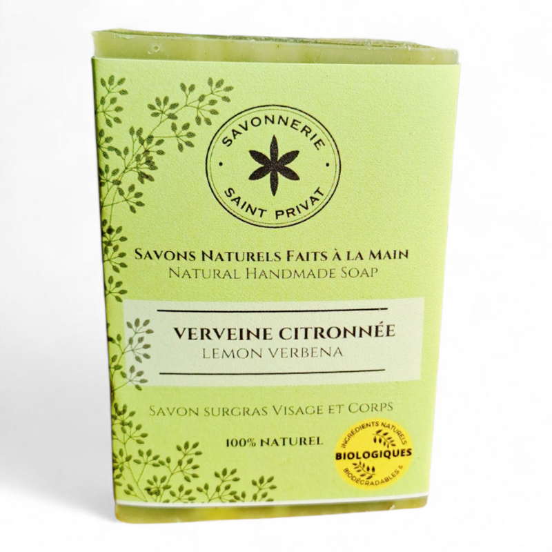 Face avant du Savon Verveine Citronnée, savon naturel saponifié à froid, à l’argile verte.