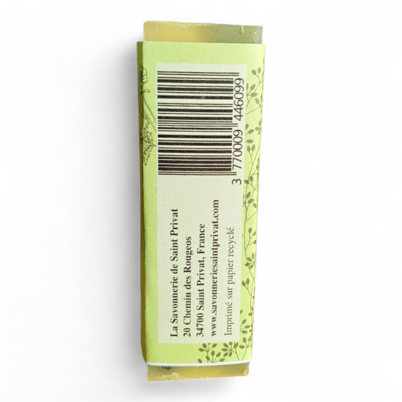 Côté de l’emballage du Savon Verveine Citronnée avec code-barres et coordonnées de La Savonnerie de Saint-Privat.