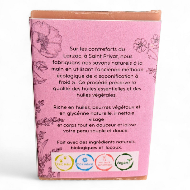 Dos de l’emballage du Savon Rose Églantine avec description de fabrication artisanale et ingrédients naturels.
