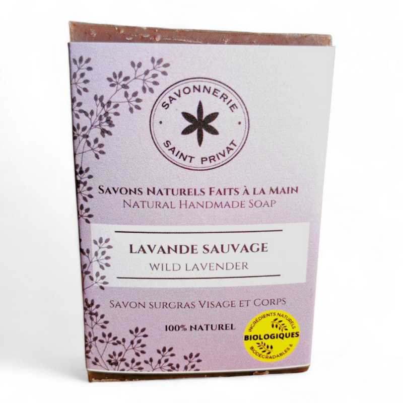 Face avant du Savon Lavande Sauvage, savon naturel saponifié à froid.