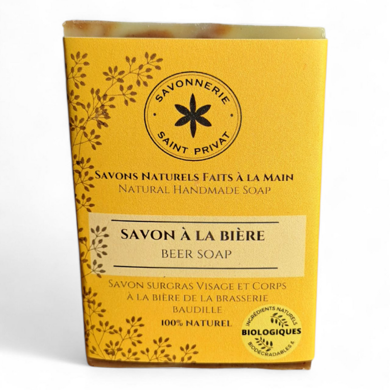 Face avant du Savon à la Bière, savon naturel artisanal de La Savonnerie de Saint-Privat.
