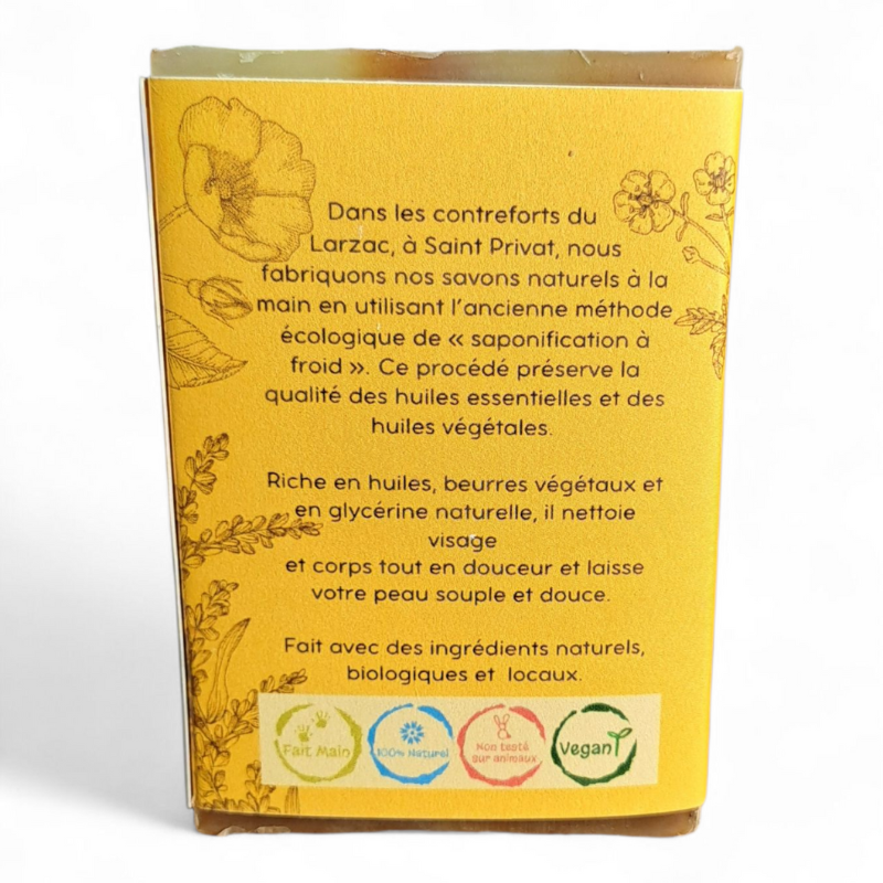 Dos de l’emballage du Savon à la Bière avec description de fabrication artisanale et ingrédients naturels.