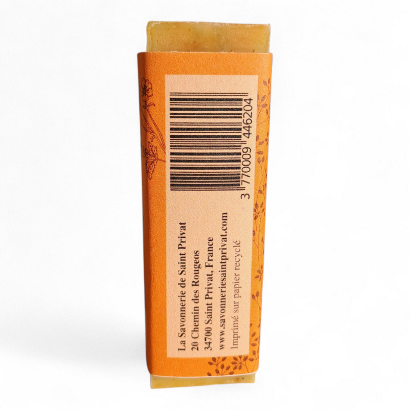 Côté de l’emballage du Savon Banane et Orange Smoothie avec code-barres et coordonnées de La Savonnerie de Saint-Privat.