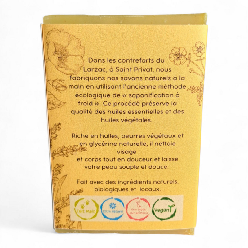 Dos de l’emballage du savon d’été aux huiles anti-moustiques avec description artisanale.