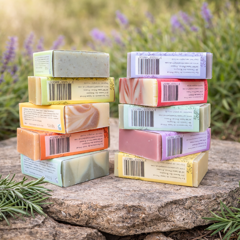 Assortiment de 10 savons artisanaux naturels faits main en Occitanie avec lavande en arrière-plan – La Savonnerie de Saint-Privat