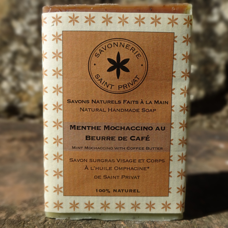 Savon naturel et surgras menthe mochaccino et beurre de café avec emballage en papier FSC et encres végétale