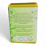 Dos de l’emballage du Savon du Larzac avec description de fabrication artisanale et ingrédients naturels.